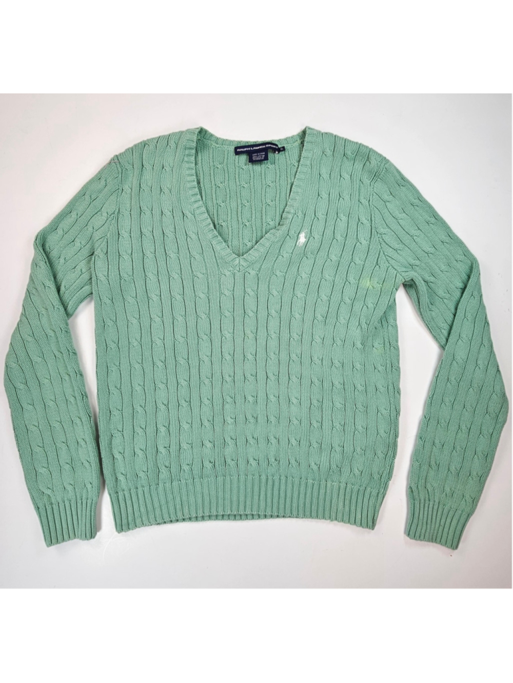 Ralph Lauren Sport Sweater Womens XL Green Cable Knit V Neck Cotton Pony